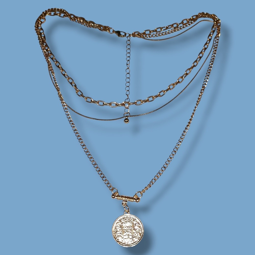 Gold Tone 3 Strand Faux Roman Coin Pendant‎ Chain Necklace